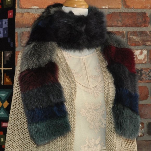 MultiColor Dyed Striped FOX FUR Scarf 62" Long Scarf, Neck Wrap Double Sided - Picture 2 of 3